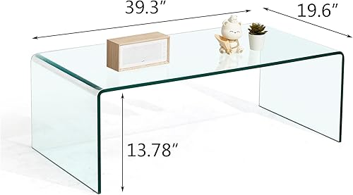 Miniatura 3 de Mesa de café de vidrio SMARTIK, mesas de café modernas transparentes para sala de estar, pequeña mesa rectangular de vidrio templado en cascada para