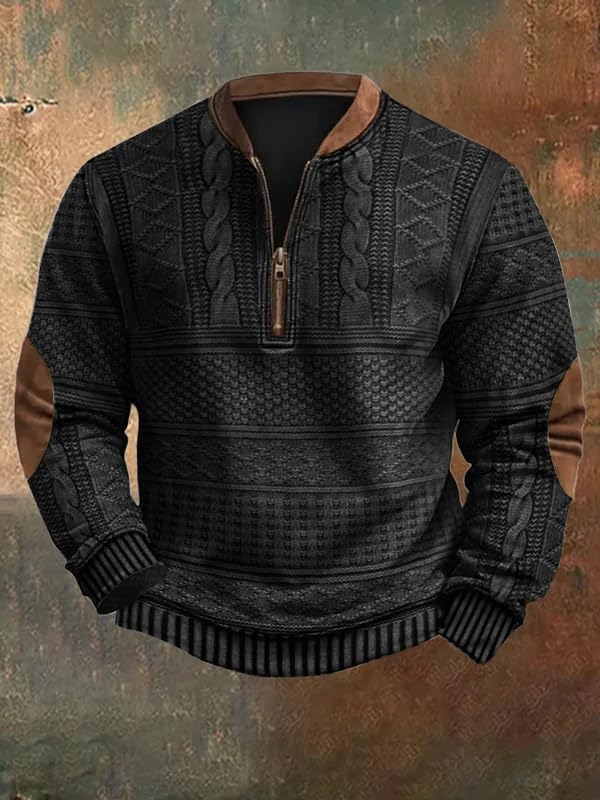 Mens Vintage Quarter Zip Sweatshirt, Knit Print Graphic Casual Long Sleeve Stand Collar Western Pullover Sweatshirts2