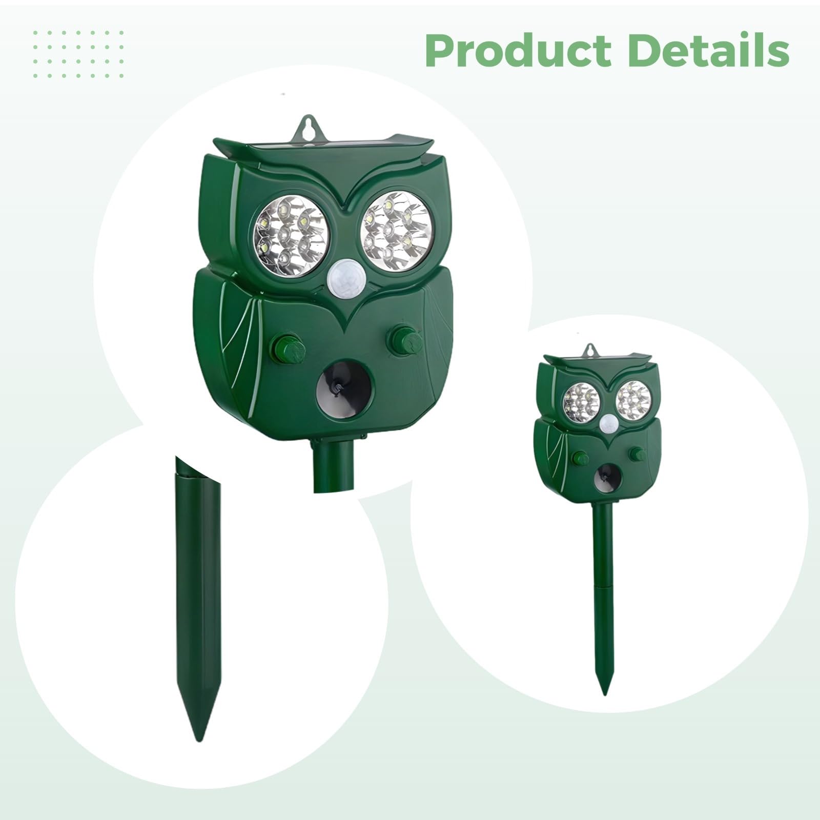 PONDON Répulsif pour chat à énergie solaire avec ultrasons en forme de hibou 14 LED ABS PP pour intérieur et extérieur Certifié FCC et CE