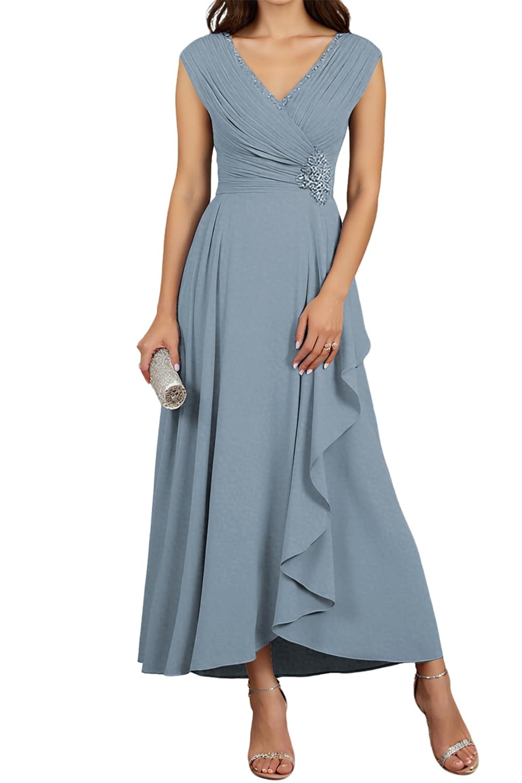 WSEYU Women's V Neck Mother of The Bride Dresses Tea Length Wedding Formal Evening Prom Party GownPockets ZMKI472 Dusty Blue UK16