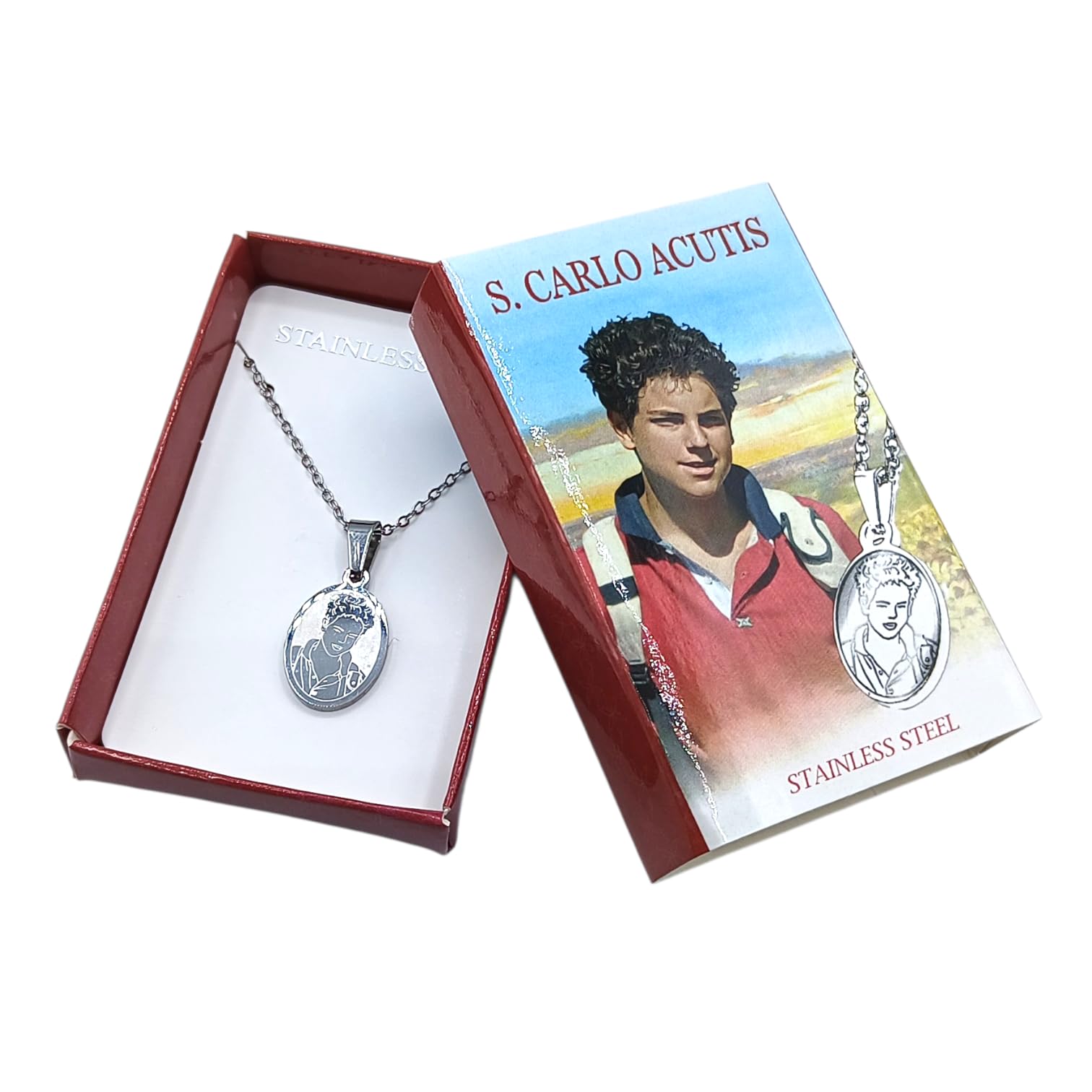 Generico Medaglia di San Carlo Acutis in Acciaio con Catena, 2x1,2 cm, Lunghezza Catena 45 cm, Made in Italy, con Scatola