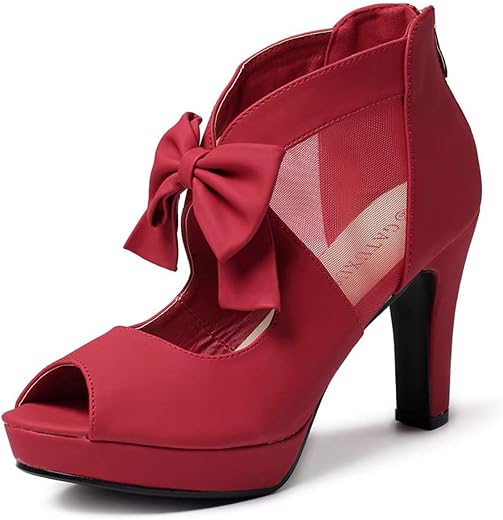 GATUXUS Open Toe Women Platform High Heel Shoes Bows Strappy Sandals, Red, 10