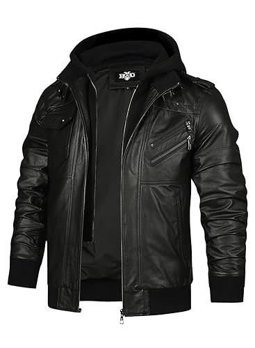 HOOD CREW Men’s Genuine Cowhide Leather Jacket Black Hooded Motorcycle Biker Jacket for Men - Black - Medium
