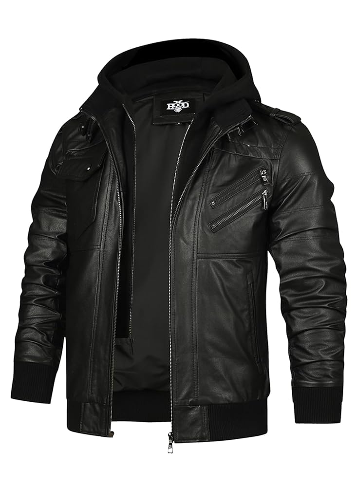 vintage b・r・u・s・h hood leather jacket HOOD CREW Men's Genuine Cowhide Leather Jacket Black Hooded