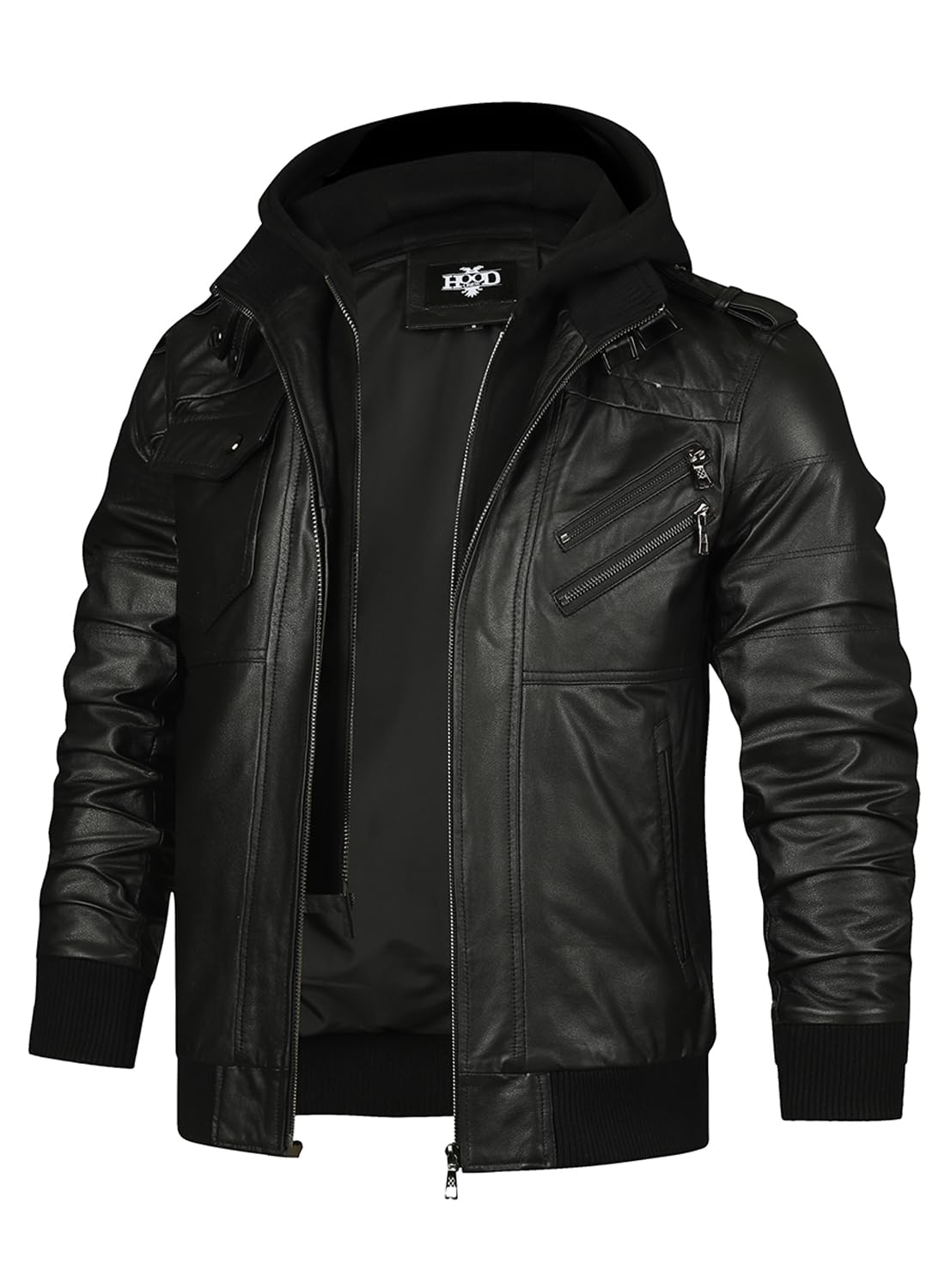 HOOD CREW Echtes Lederjacke Herren Rindsleder Bikerjacke Wintermäntel mit Kapuze für Herren