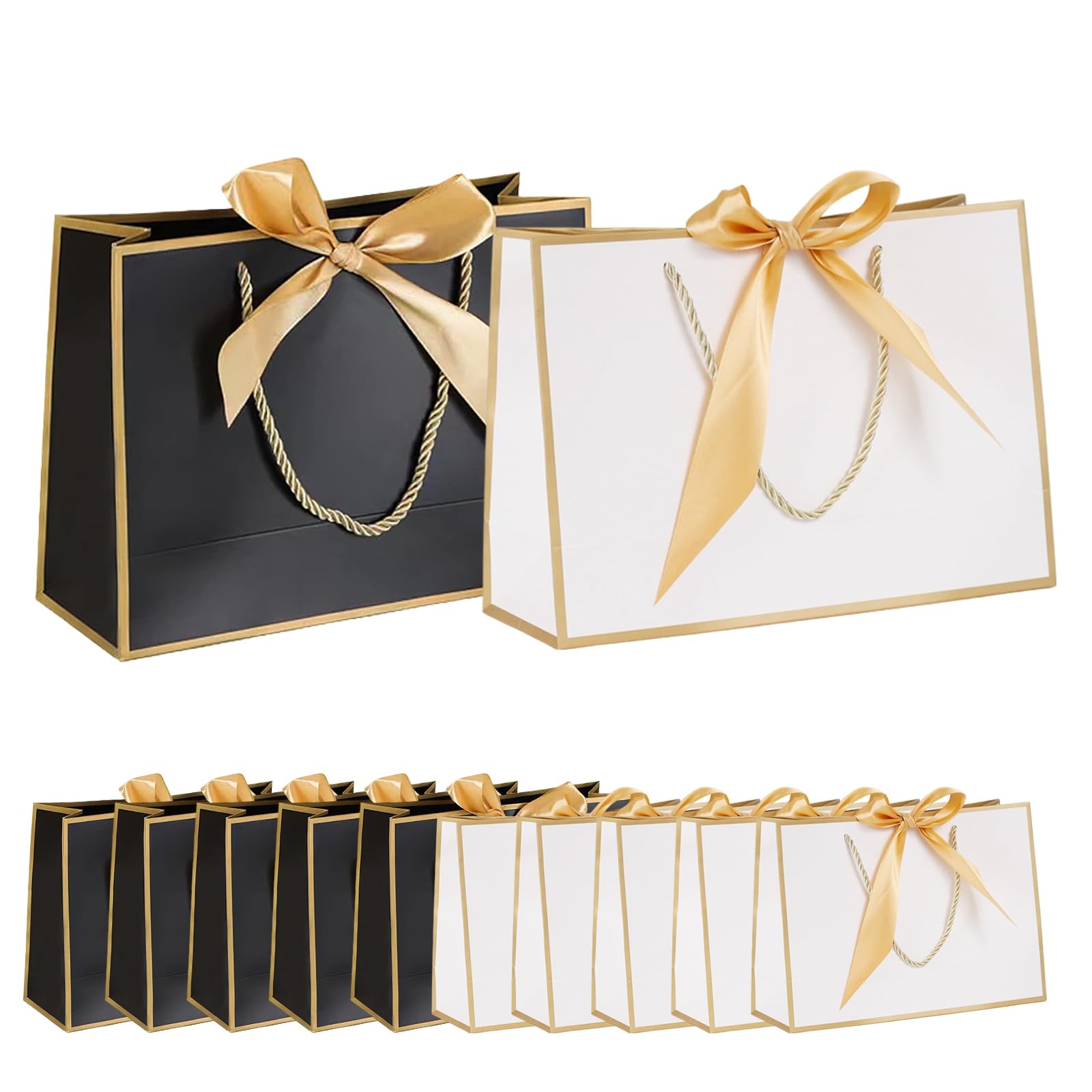 Mini Size Gift Bags (7.48 x 2.76 x 5.91 Inches) - 12 Pcs with Handles & Ribbon Bow, 6 Black Gold & 6 White Gold, for Birthday, Wedding Favors, Christmas, Anniversary Presents