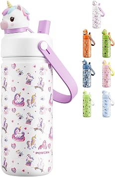 Kids Water Bottle for School 2-in-1 Straw Spout Lid with Soft Animal Head, Leakproof, Backpack Friendly, Keep Cold 24H, Insulated cup for Sports, Playground, Holiday Gift, Unicorn Starland 18 Ounces