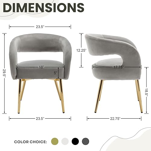 Miniatura 2 de Juego de 2 sillas de comedor modernas tapizadas, sillas de comedor de terciopelo gris con patas doradas, respaldo abierto y silla de cocina, silla