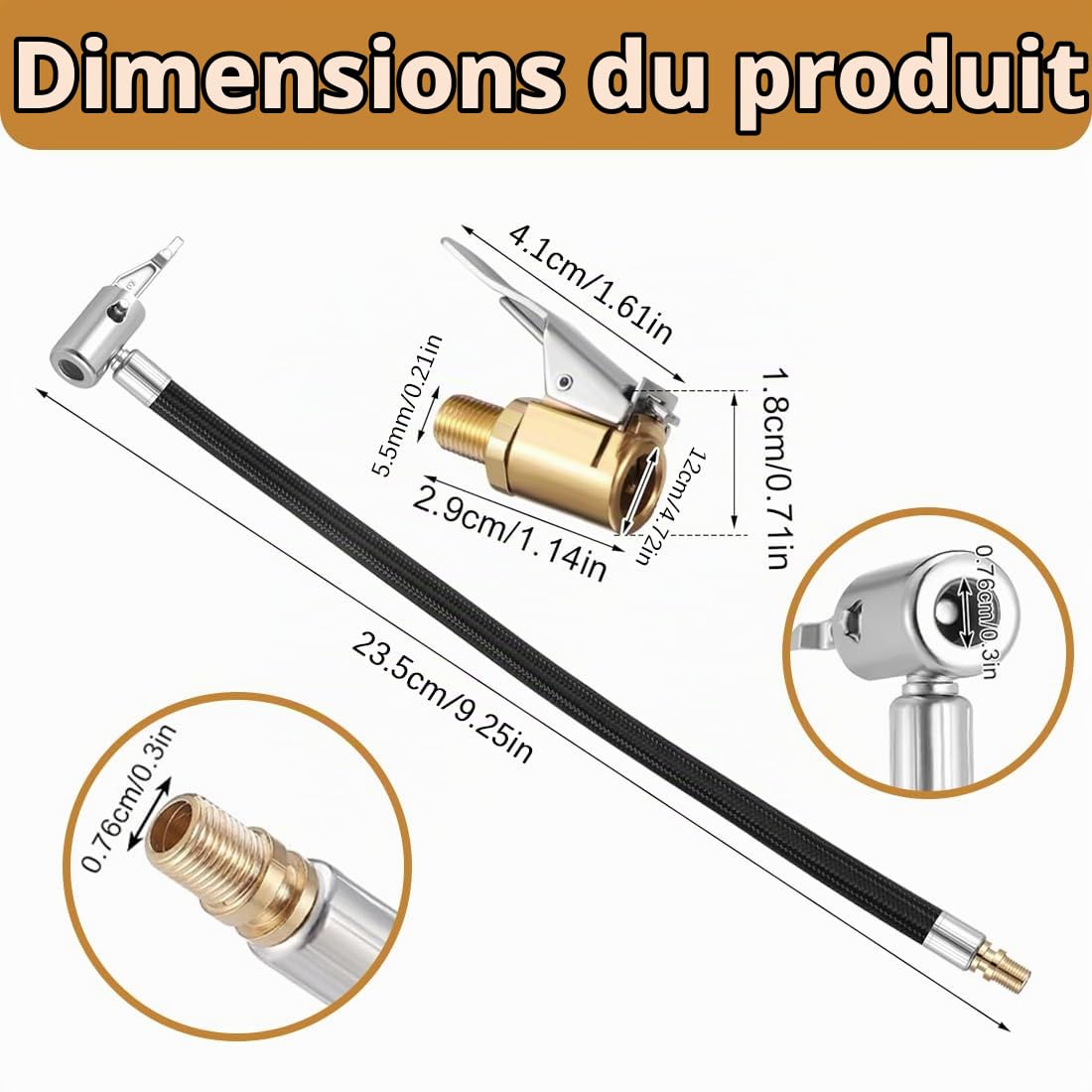 WUSJCOF 2 pièces Ensemble d'extension de valve, Pneu avec connecteur 8 mm et raccord rapide, Adaptateur Schrader, Embout de gonflage pour moto, vélo, Tube d'extension pour gonfleur de pneu (23 cm)