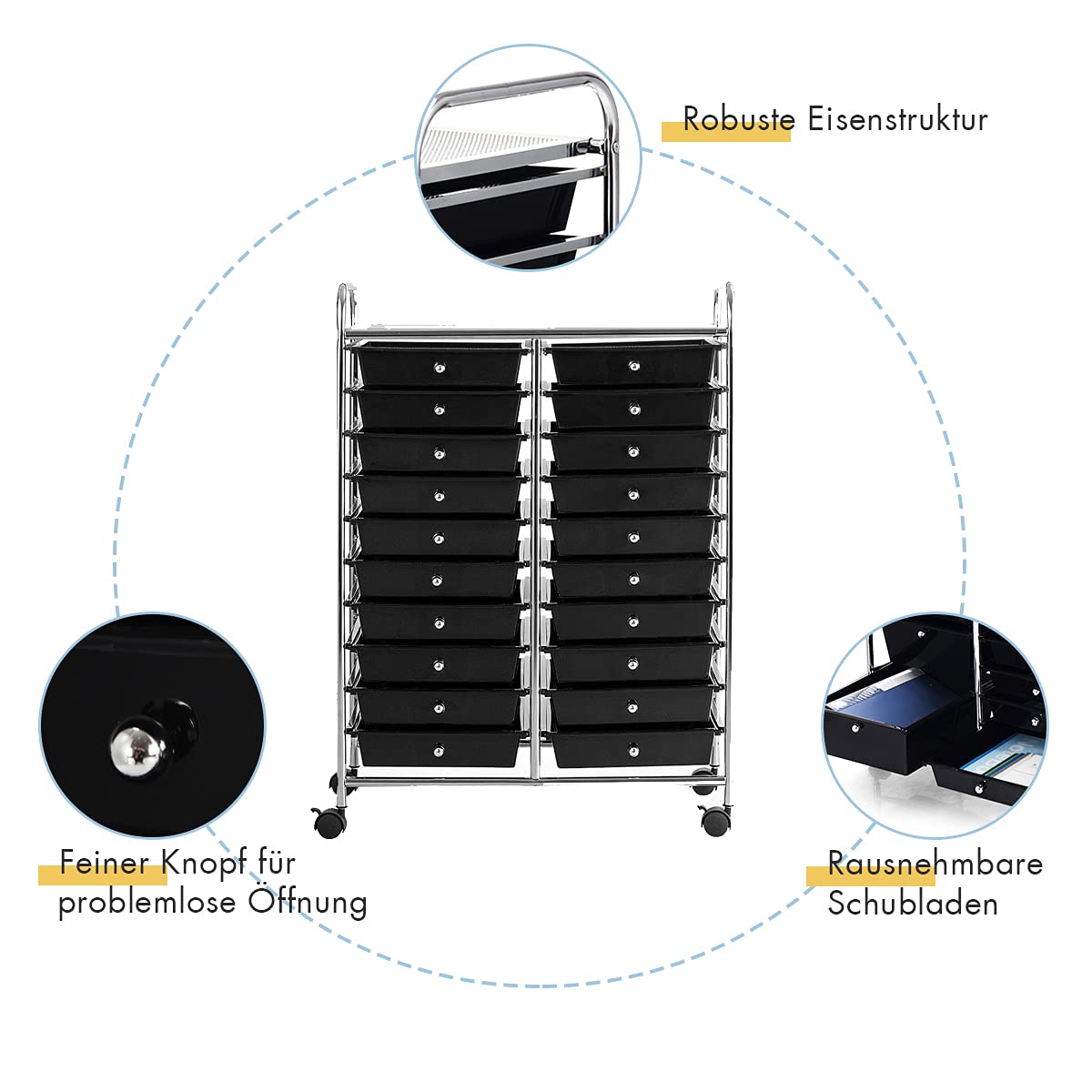 RELAX4LIFE Carrito de Almacenamiento con 20 Cajones y 1 Estante Superior, Carrito Auxiliar de 10 Niveles con 4 Ruedas Universales y 2 Frenos, Carro Multiusos para Baño, Cocina, Salón (Negro)
