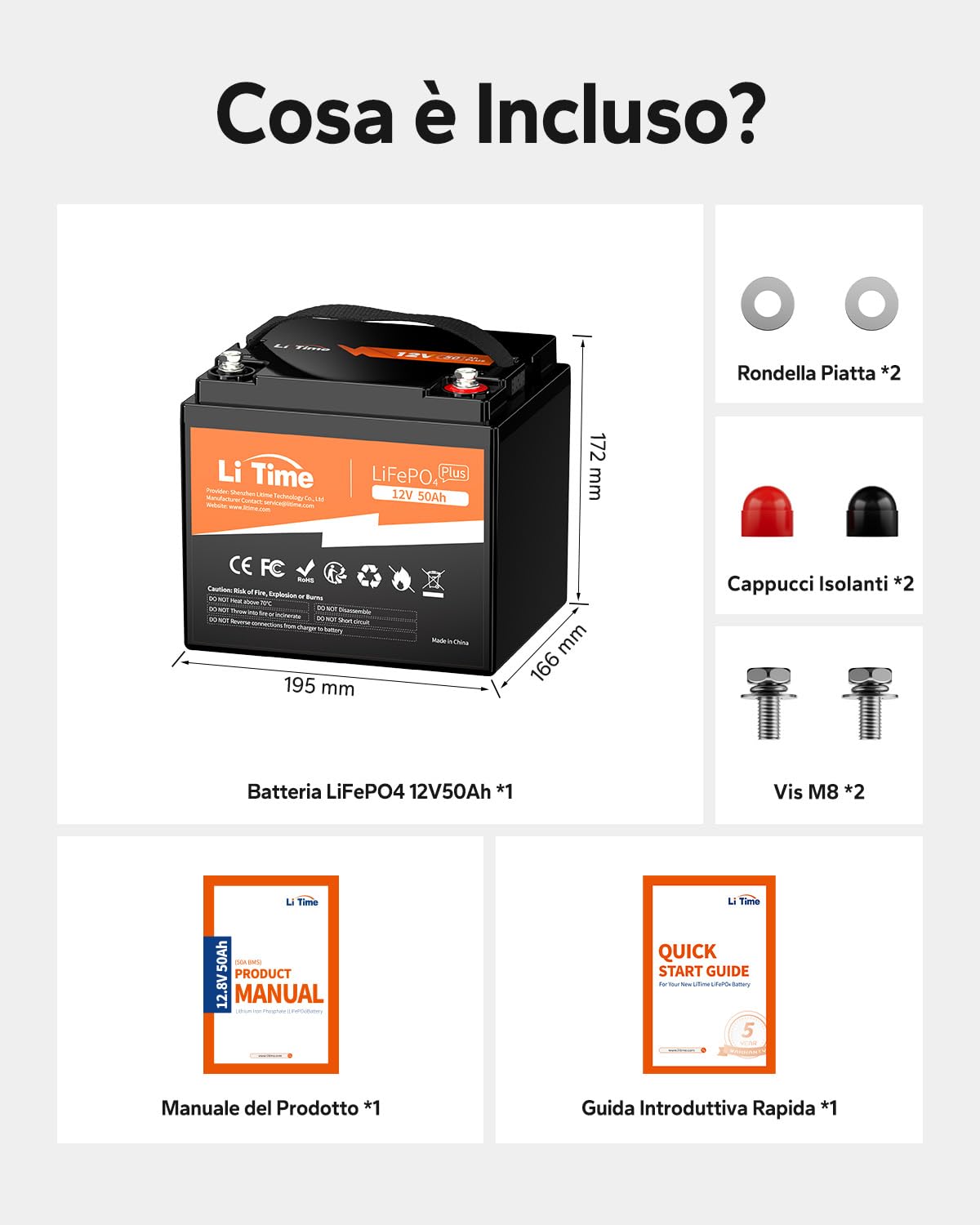 LiTime Batteria Litio 12V 50Ah, Batteria al Litio 12V Con Più Di 4000+ Cicli, 10 Anni Di Vita Utile, Batteria Lifepo4 Ideale Per Barche, Trolling Motor, Campeggio
