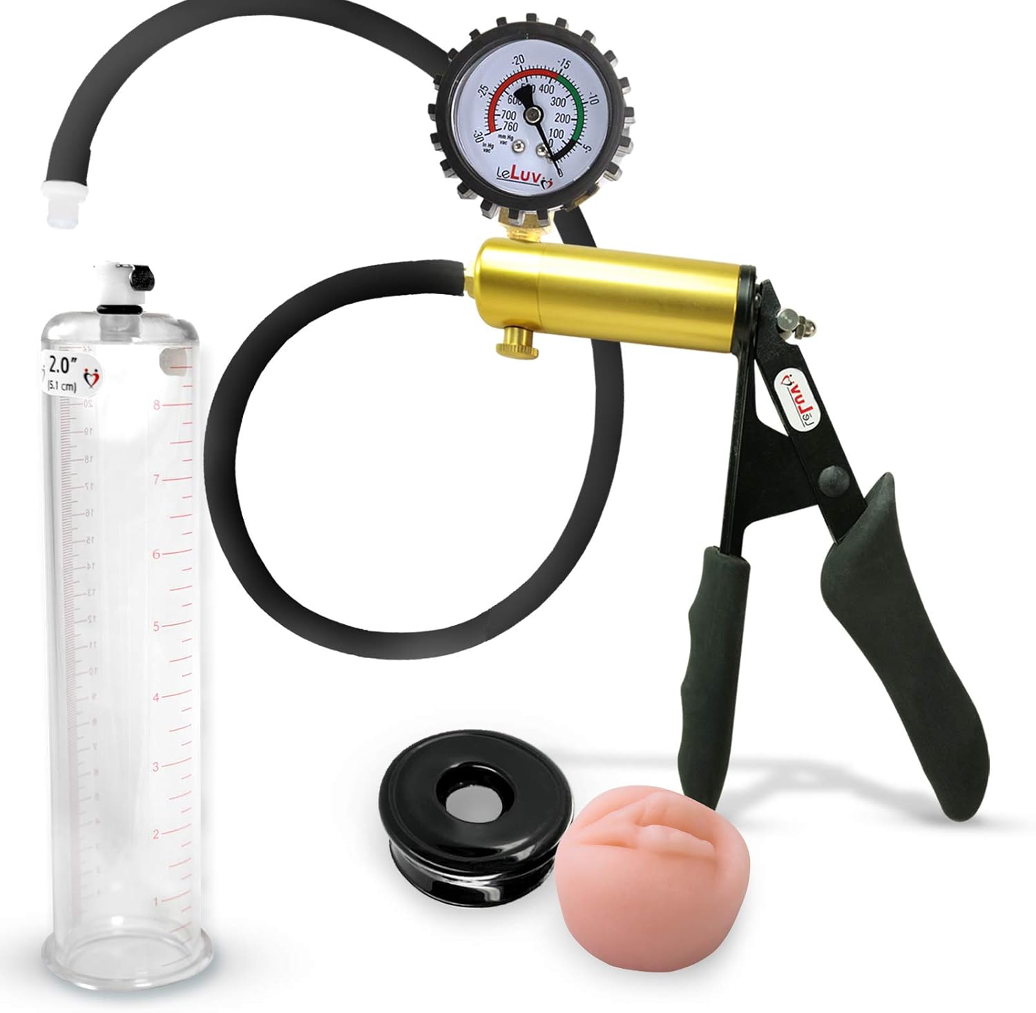 LeLuv Ultima Penis Pump Kit, Brass w/Premium Black Silicone Grips and Hose + Protected Gauge - Bundle with Donut Accessory - 9" x 2.00" Round-Flange Cylinder