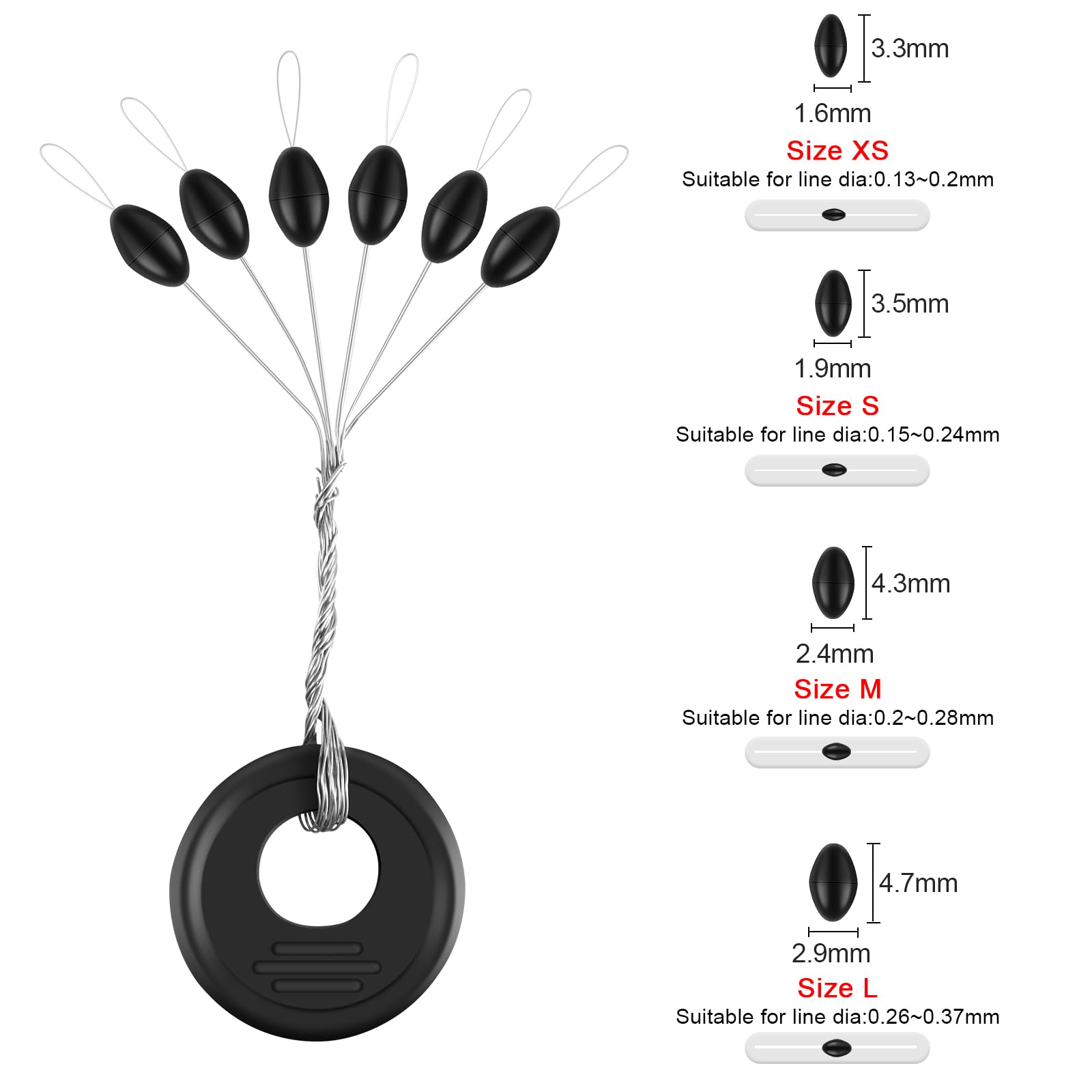 VIPMOON 600 Pieces Fishing Bobber Stopper, Rubber Bobber Stops for Fishing Line, 6 in 1 Oval Shape Floats Sinker Stops, Black, Size XS Slip Bobbers