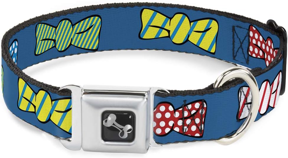 Dog Collar Seatbelt Buckle Bowties Blue Multi Color 13 to 18 Inches 1.5 Inch Wide