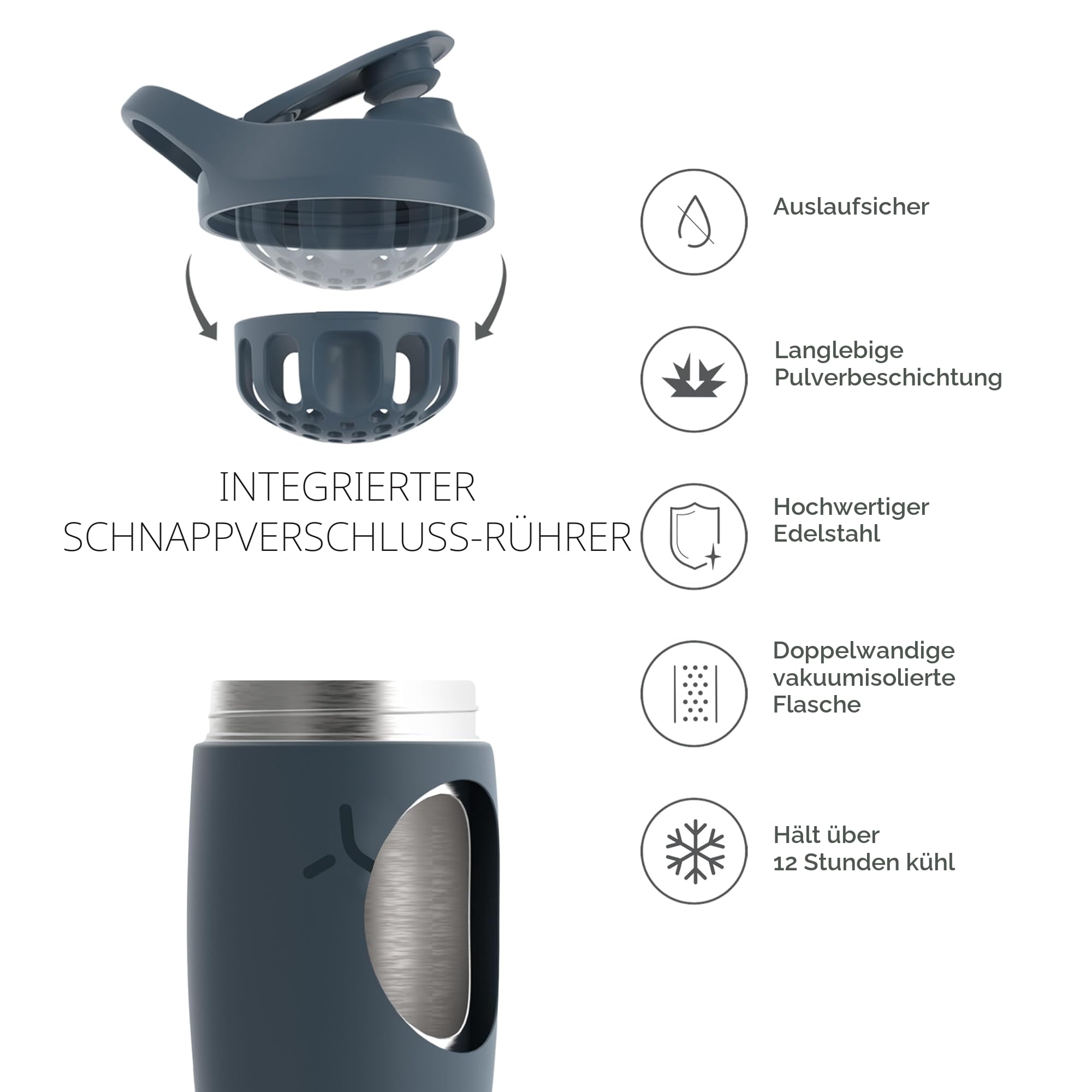 Promixx PURSUIT Eiweiß Shaker Flasche Neue Edition – Isolierte Edelstahl-Wasserflasche und Mixerbecher, 550ml, Graphitgrau
