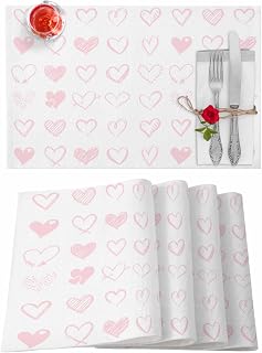 Valentines Placemat Pink White Love Heart Place Mats for Dining Room Dinner Table Spot Stripe Romantic Sweet Valentine's Day Washable Table Mats Kitchen Decorations Set of 6