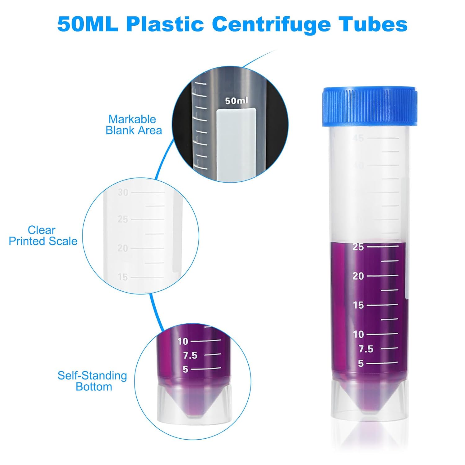 PATIKIL 50ML Plastic Centrifuge Tubes, 200 Pcs Self Standing Test Tube Container with Leak-Proof Blue Screw Caps and Graduated Marks for Laboratory Liquid
