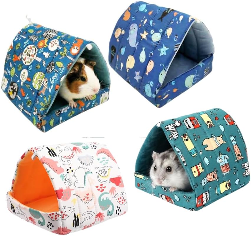 Guinea Pig Hideout 4 Pack, Washable Fleece Small Animal Bed & Tunnel, Cozy Guinea Pig House Cage Accessories for Bunny, Hedgehog, Chinchilla, Hamster, Ferret (Greenery,7.9 in)