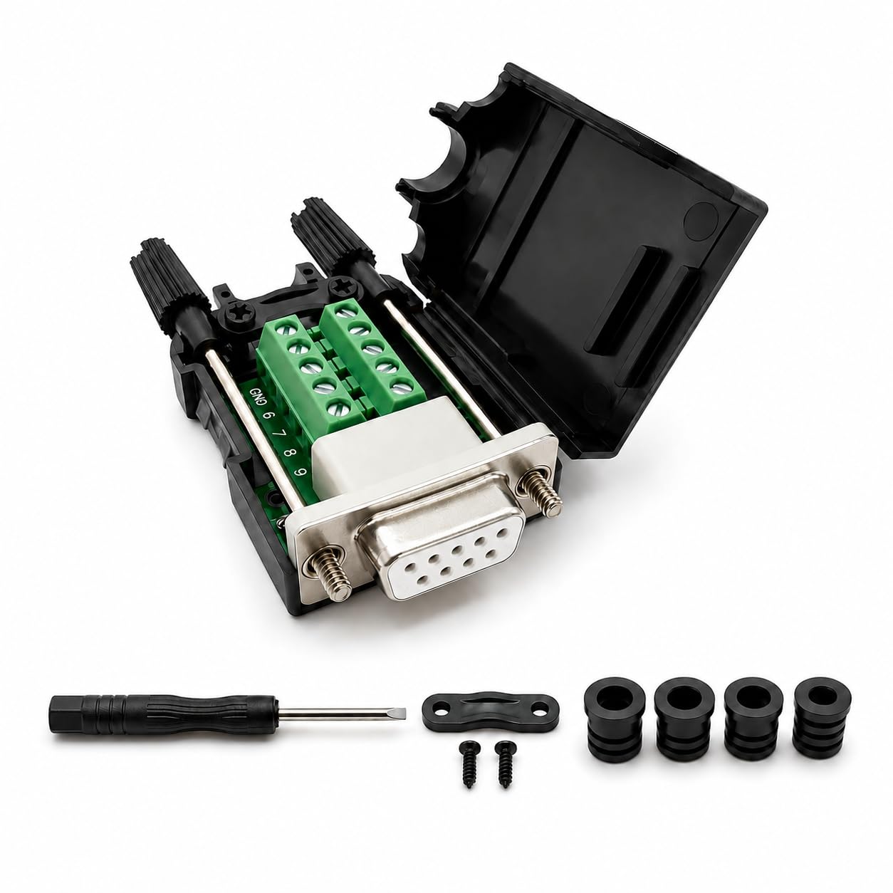 UHUZZ 1PCS DB9 Female Breakout Connector, Solderless 9-Pin D-Sub RS232 Serial Adapter with Screw Terminals, Protective Housing, Long Screws and Tail Pipe for PLC, Modem, Industrial Equipment-image-19