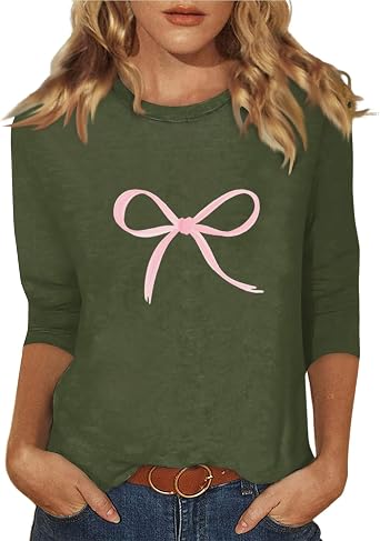 Womens Graphic T Shirts 3/4 Length Sleeve Summer Casual Crew Neck Cute Tops Y2k Flowy Loose Workout Plus Size Shirts