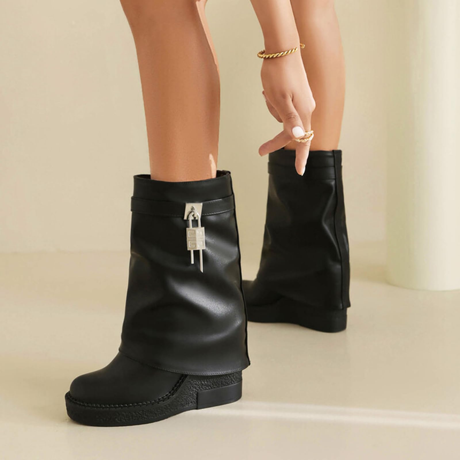 11CM/4.33IN Moda Pantaloni di Grandi Dimensioni e Stivali per Le Donne Autunno Tallone Spesso Stivali Corti Versatile Cavaliere Stivali