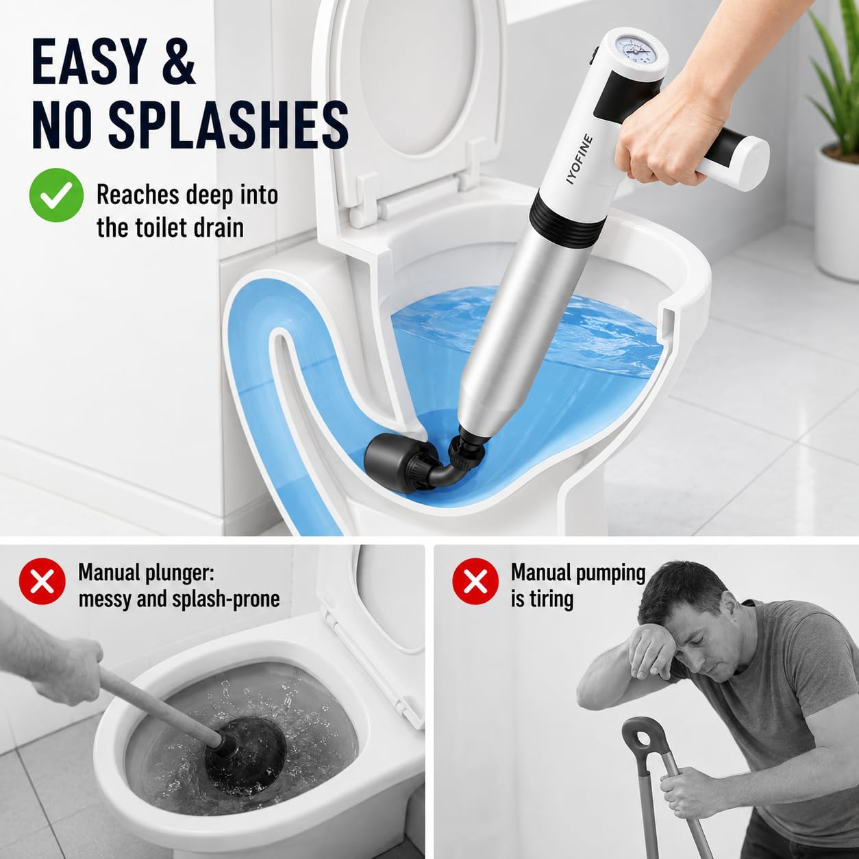 Déboucheur de toilettes électrique haute pression pour salle de bain, sols, outil de débouchage polyvalent et robuste