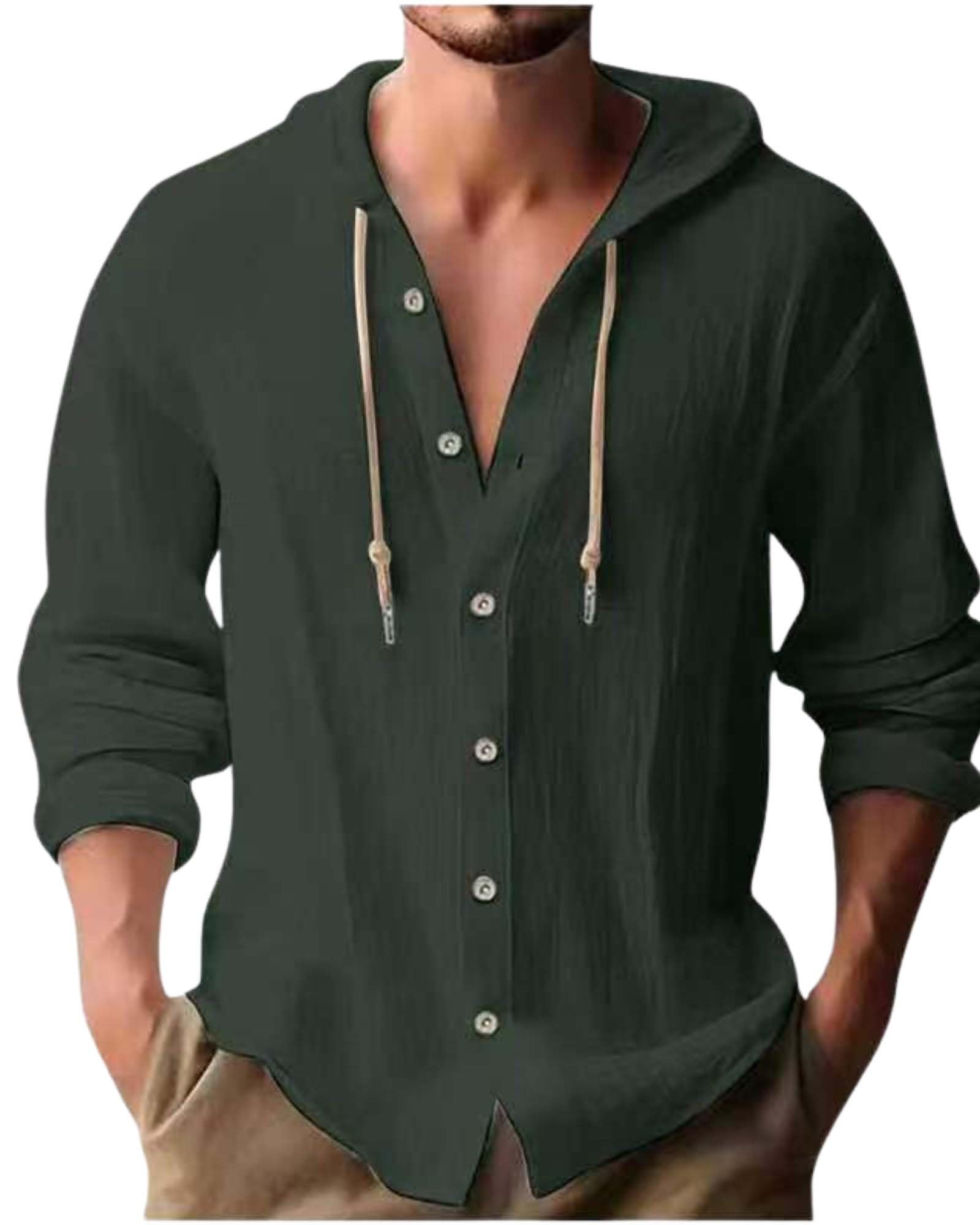 Cotton Linen Hoodie for Mens Summer Casual Long Sleeve Solid Button Down Hawaiian Beach Shirt Tops with Hood