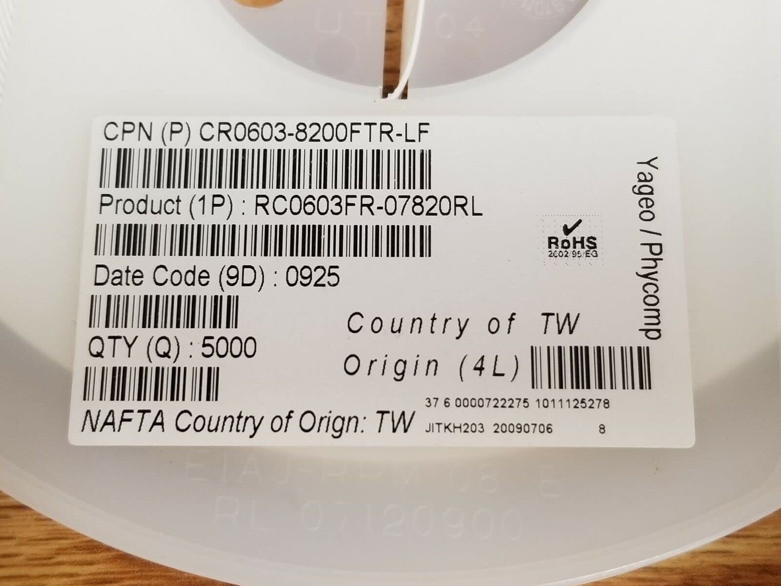 5K Reel - RC0603FR-07820RL, Yageo, Thick Film Resistors, US Stock*