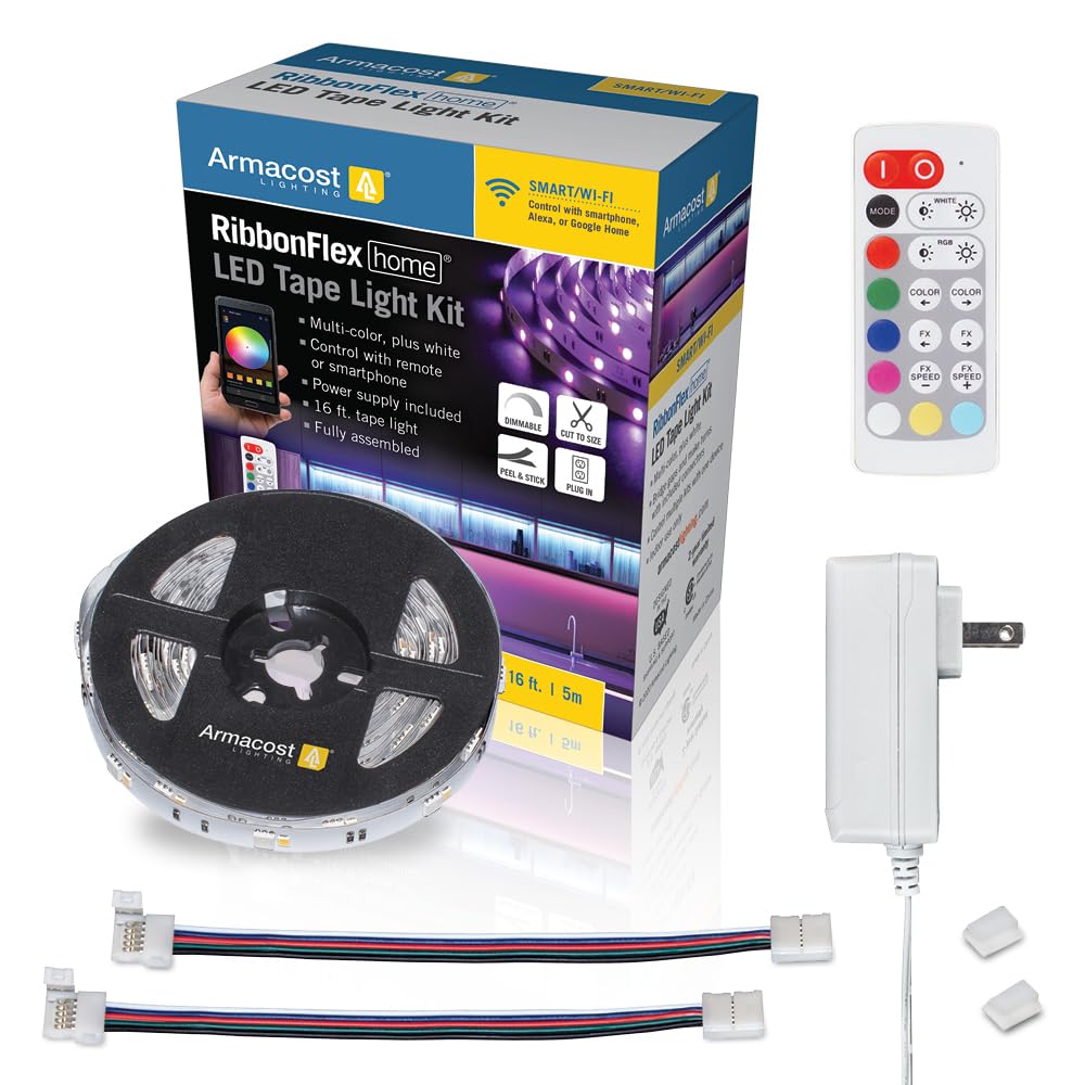 Armacost Lighting 423500 RibbonFlex Home 16ft. RGB+W Smart LED Tape Light Kit, multi-color and white