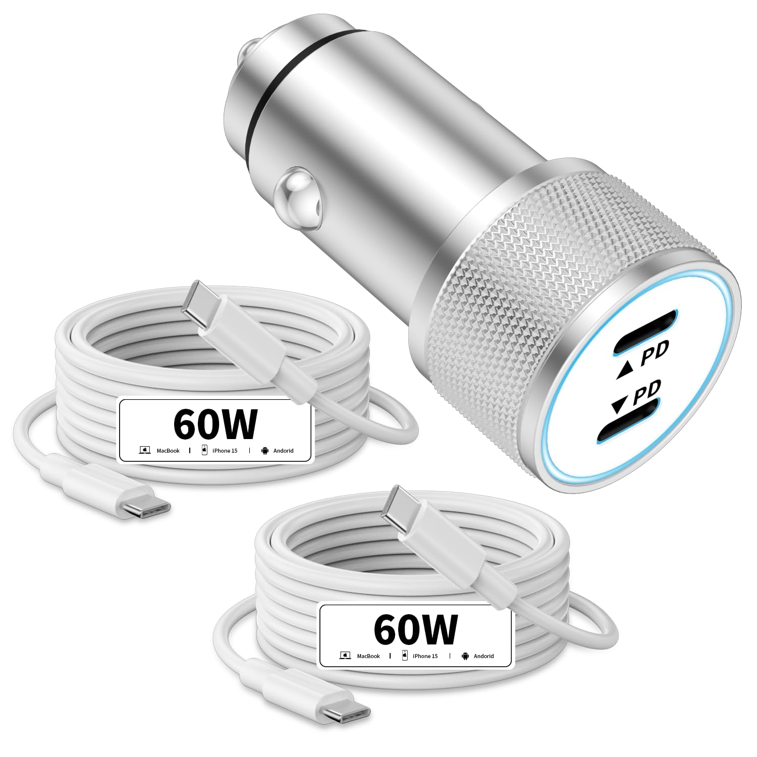 IDiSONCABLE 72W Car Charger USB C, Cigarette Lighter Adapter with 2Pack Type C Cable, Car Accessories for iPhone, USB C Car Chargers Adapter USBC Type C 12V, for iPhone 16/15 Galaxy Pixel iPad Android