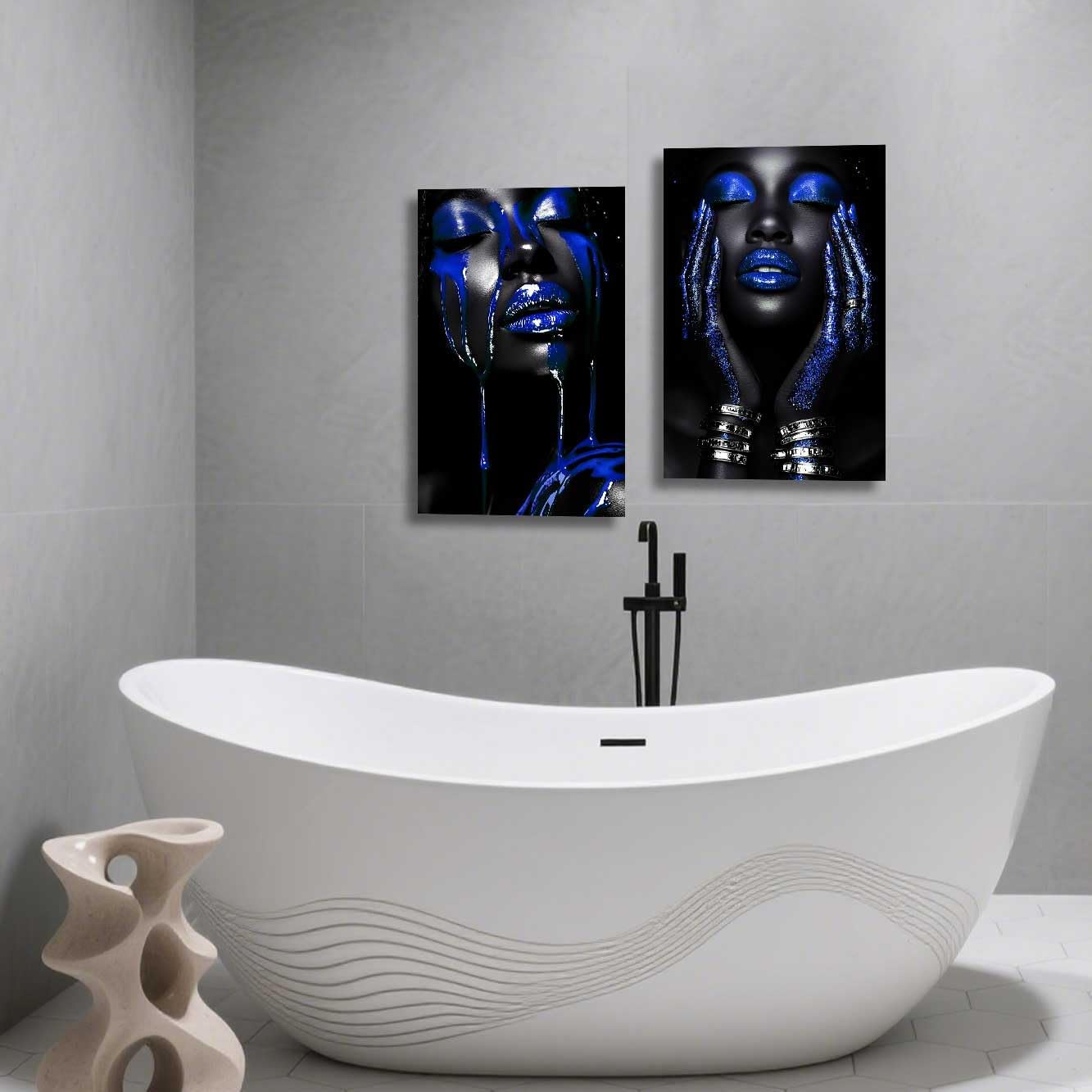 ZSHARTSWD Black Woman Face Wall Art 2 Pcs Abstract African Girl Picture Fashion Female Canvas Print African American Painting Living Room Bedroom Decor Framed (Blue, 16.00" x 24.00" x 2PCS)