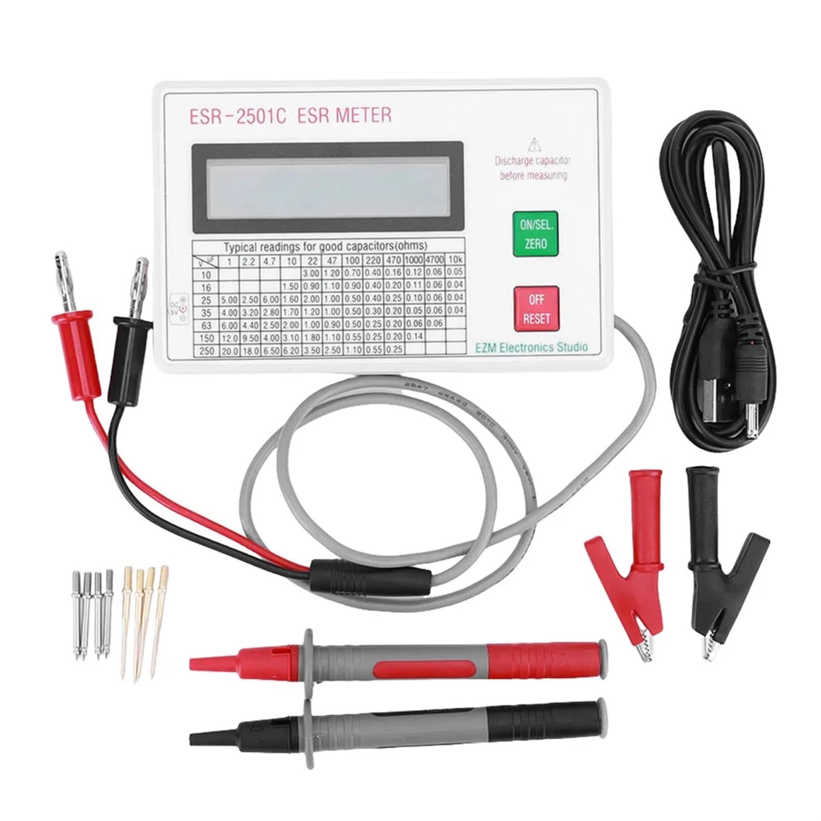Comprobador de capacitores ESR, prueba en circuito, medidor de capacitancia con cables de prueba, clip, batería, pantalla LCD, medidor ESR, función de apagado inteligente - Medidor LCR