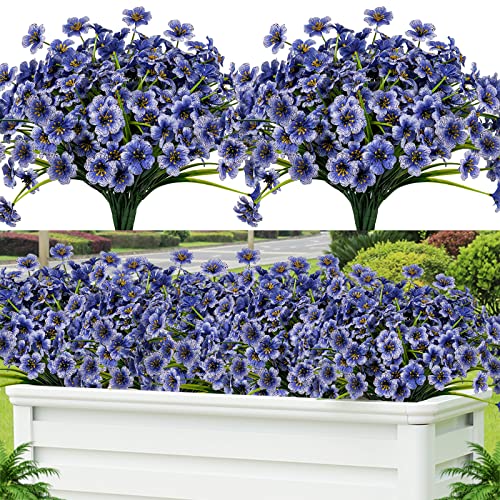 Lnoicy 12 Pcs Artificial Flowers for Outdoor,Plastic Flowers Decoration, UV Resistant Faux Flowers Shrubs, Artificial Plants for Indoor Outside Garden Home Wedding Farmhouse(Blue)