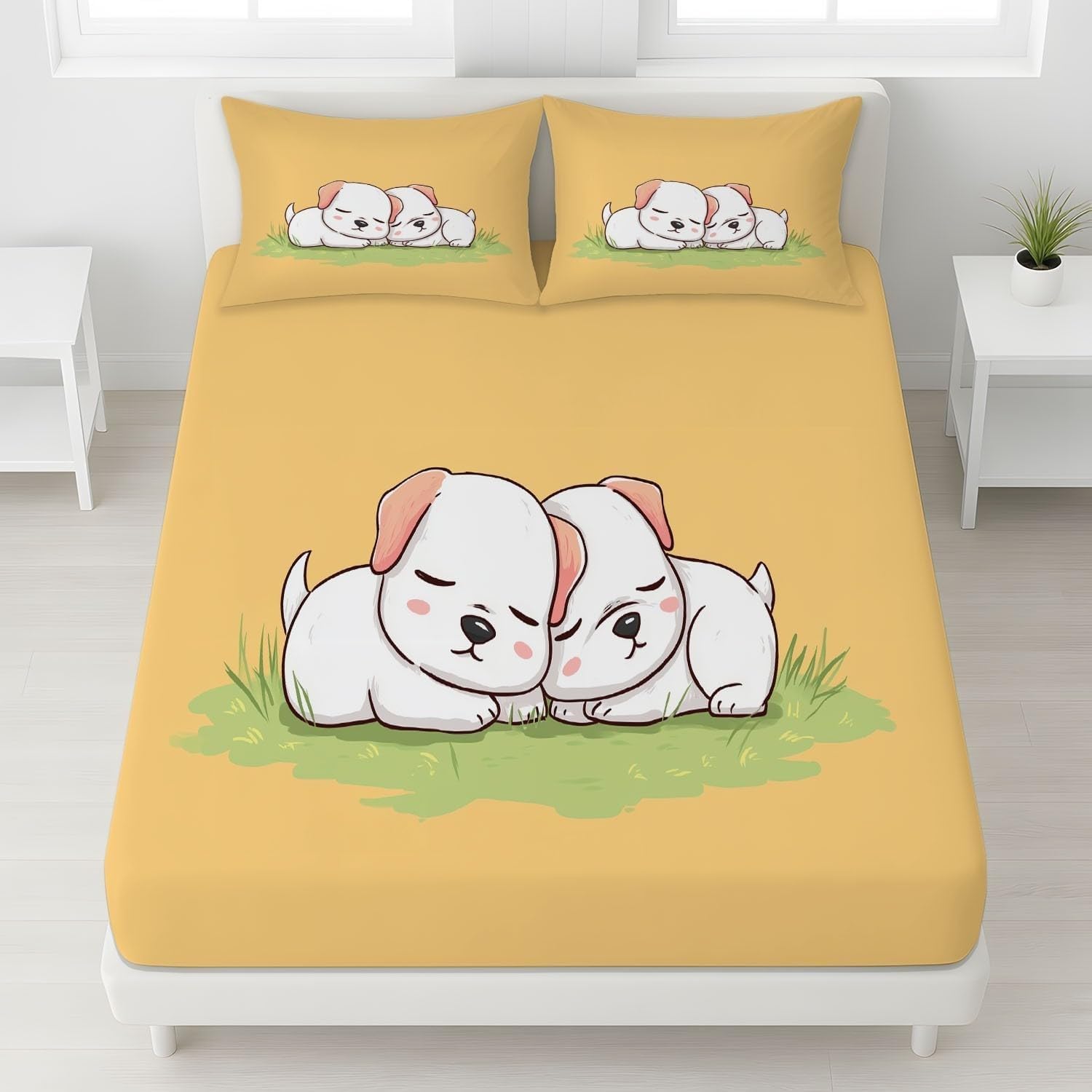 Grassland Fitted Sheet Puppies Bed Sheets Deep Pocket 12 inch (30 cm) Soft Cozy 3 Piece Microfibre Bed Sheet 200x200 cm with 2 Pillowcases 50x75 cm