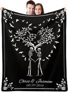 Skull Throw Blanket Custom Name Blanket, Personalized Spooky Skeleton Tree Together Forever Flannel Blanket, Wedding or Anniversary Present, Halloween Goth Wedding Valentines Day Gift 50"x40"