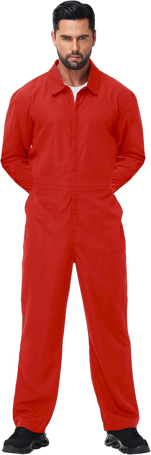 Men's Halloween Long Sleeve Zipper Jumpsuit Mechanic Work Costume Solid Color Coveralls
