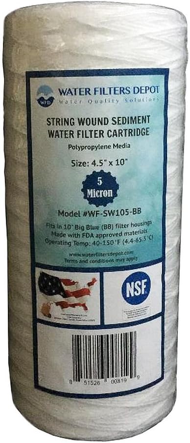 WFD, WF-SW105-BB 4.5"x10" 5 Micron String Wound Sediment Water Filter Cartridge, Fits in 10" Big Blue (BB) Housings of Whole House Filter Systems (1 Pack, 5 Micron)