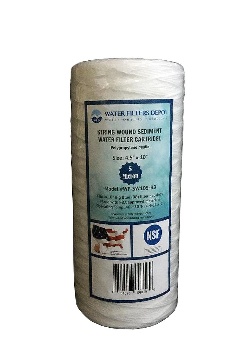 Water Filters Depot (WFD)WFD, WF-SW105-BB 4.5"x10" 5 Micron String Wound Sediment Cartridge, Fits in 10" Big Blue (BB) Housings of Whole House Systems (1 Pack, 5 Micron)