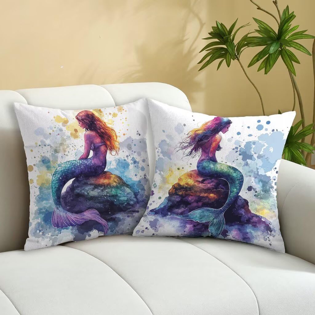 Outdoor Pillow Covers 22x22 Inch, Set of 2 Waterproof Outdoor Throw Pillow Covers, Decorative Square Colourful Linen Cushion Cases, Mermaid Pillowcases for Patio Funiture Garden Balcony Sofa T-15