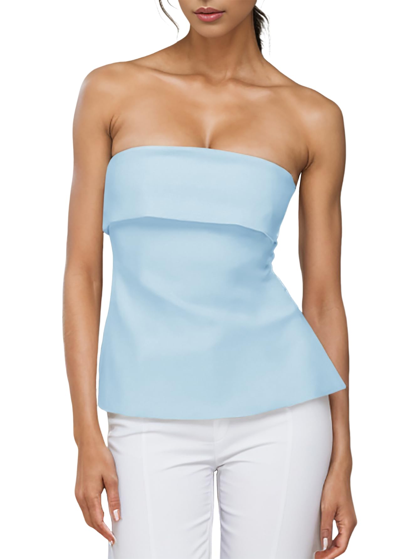 Strapless Tube Tops for Women Backless Going Out Bandeau Top Sexy Trendy Off Shoulder Side Split Summer Bustier Tops Blue Medium