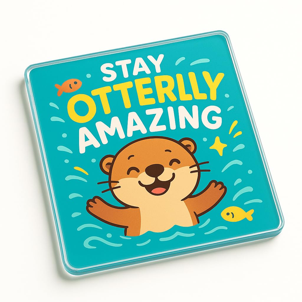 The Plum Penguin Otterly Joyful Vibes Funny Acrylic Coaster Gift - Cartoon Otter Design Desk Accessory With Positive Vibes