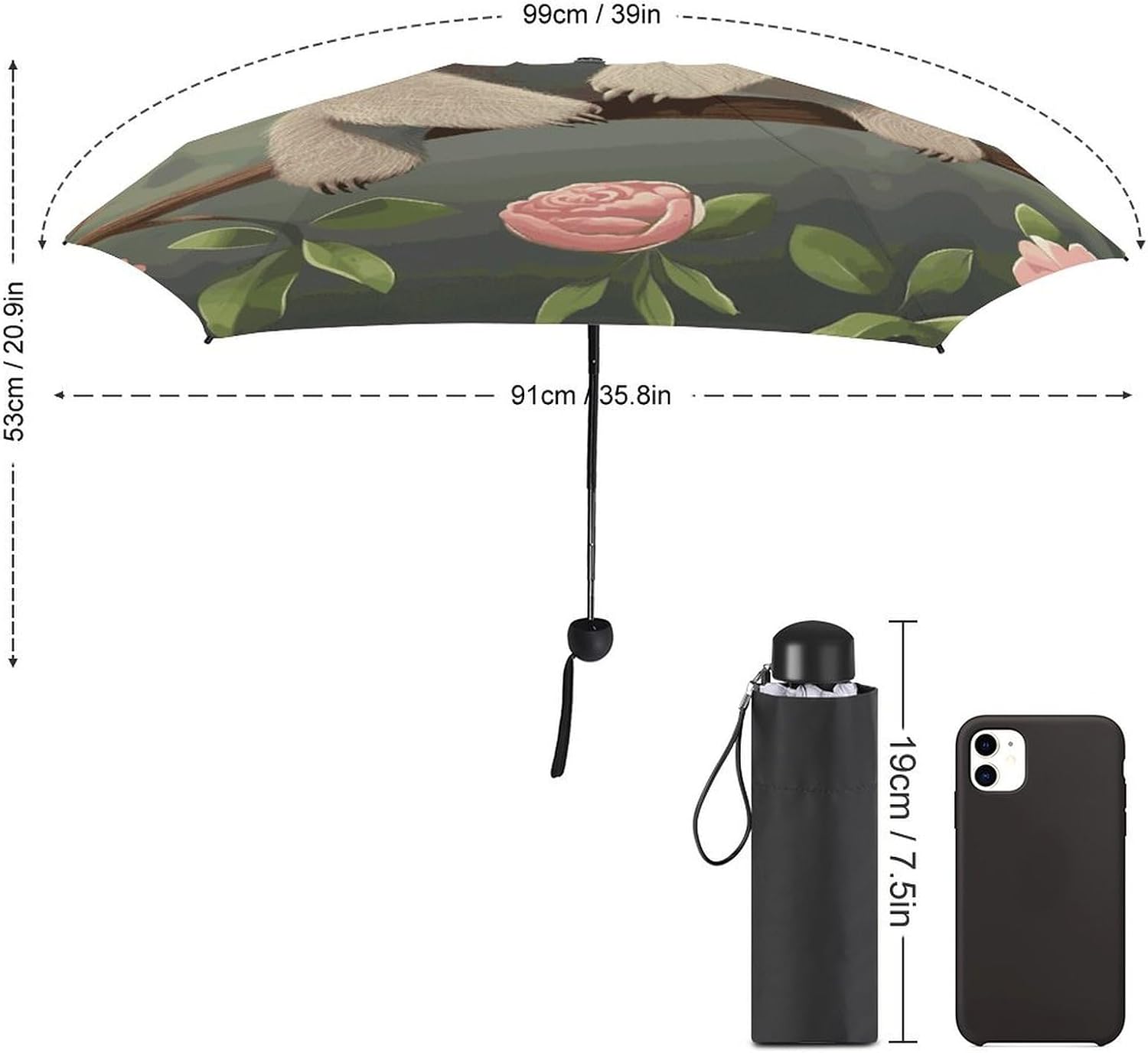 Cute Baby Sloth Umbrella for Rain And Sun,Folding Travel Umbrella Portable Compact, Golf Umbrella with Case Folding for Backpacks/Handbags