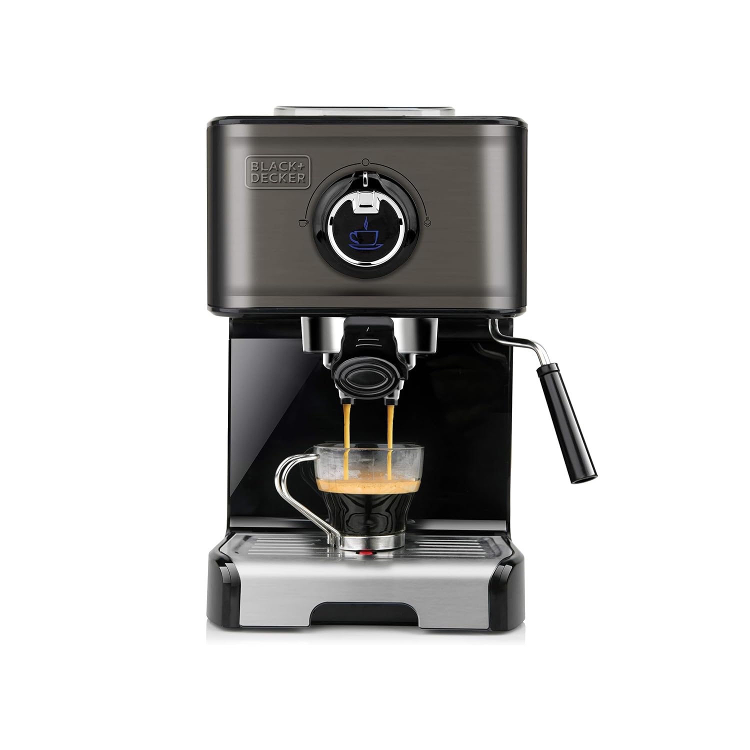 Avilia Macchina per Caffè Espresso Compatibile con Cialde e Caffè Macinato - per 1 o 2 Tazze con Frullino Montalatte, in Acciaio Inox, 32x19.3x31.5cm, 1200W, 15bar, Nero