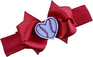 Funny Girl Designs Baseball Bow Headband with Felt Embroidered Heart and 4.5 Inch Bow Red (Nylon Band (0-9 Months))