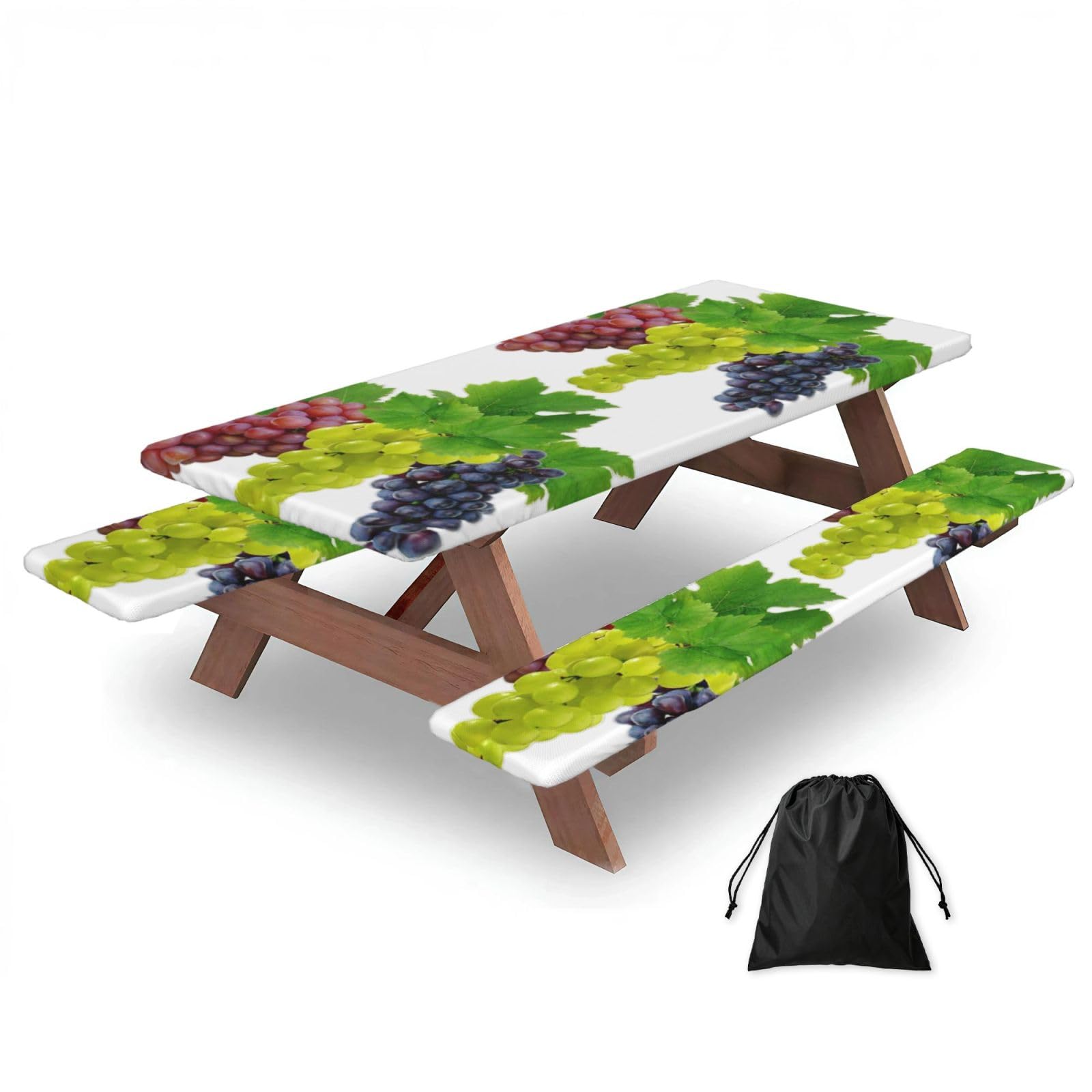 Duwaa Black Grape Print 183Cm Picnic Table Cover With Bench Covers, Waterproof Elastic Tablecloth Set For Outdoor