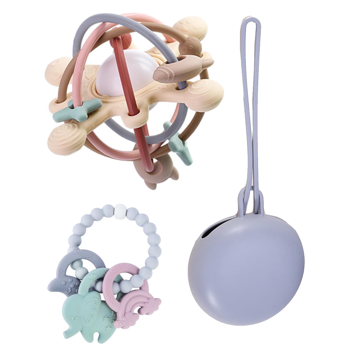 Mordedores Bebé, Mordedor Refrigerante, Mordedor Sonajero, Pack Mordedores de Silicona más Estuche, Juguetes para la Dentición, Juguetes Sensoriales, Mordedor con Portachupete de Viaje (Gris Niño)