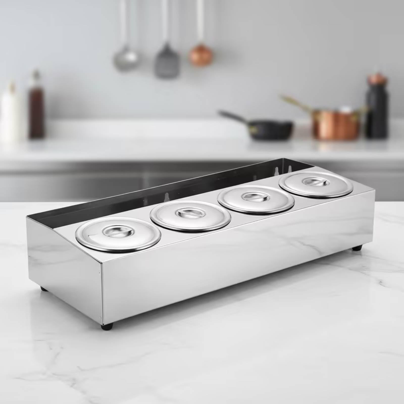 Boîte à Condiments avec Quatre Coupelles En Acier Inoxydable Boîte Compartimentée Compact Récipient Alimentaire avec Couvercle pour Traiteurs, Buffet, Single Row B
