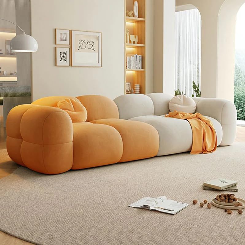 Image of LEGACY OF COMFORT Prith Velvet Cloud Sofa - Premium Cushioned Comfort | Brand-Registered Design | 3 Seater Sofa for Living Room (Ivory /Orange)