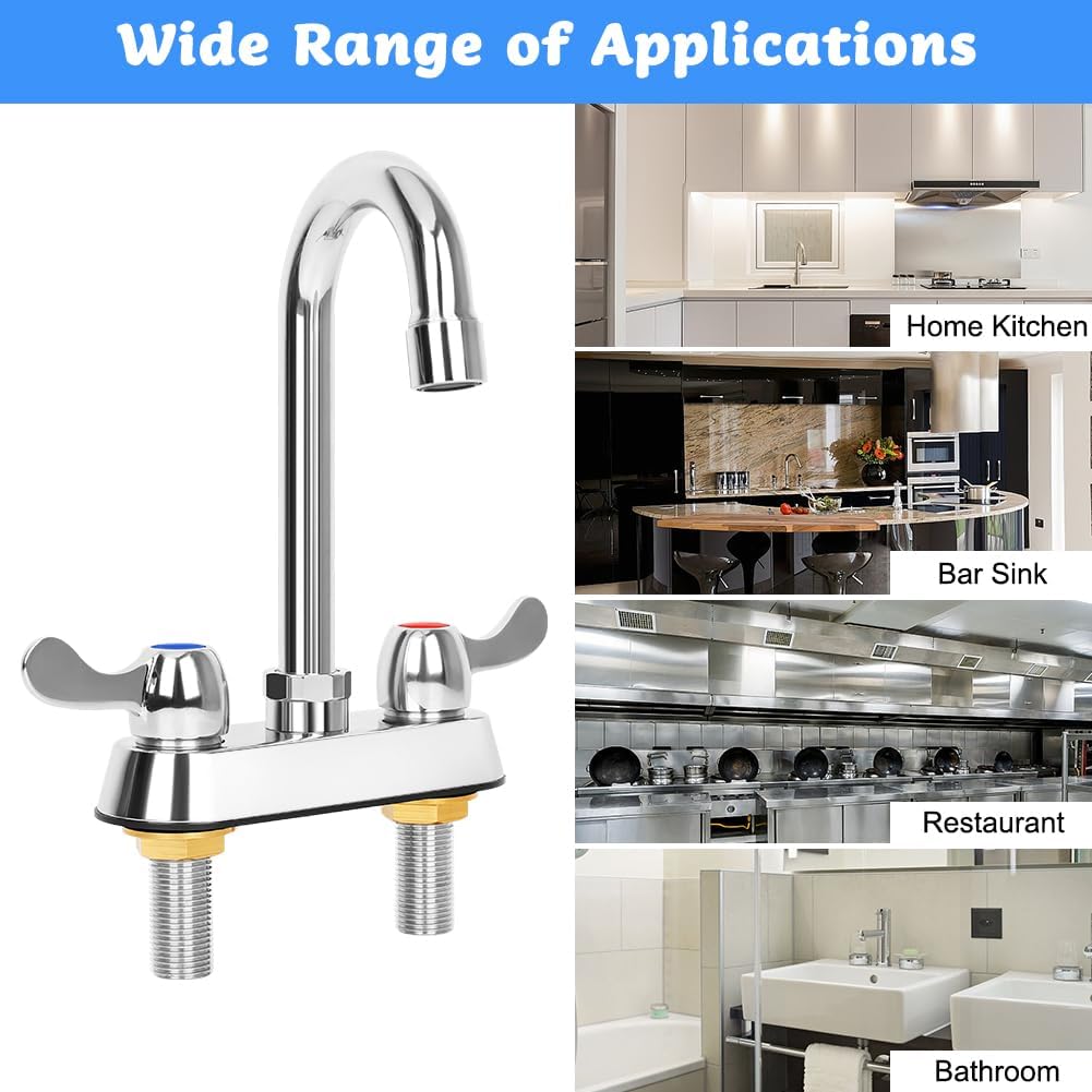 4 Inch Center Commercial Bar Sink Faucet with 3-1/2" Gooseneck Spout, Dual Lever Handles Deck Mount Bar Sink Faucet for Kitchen Laundry Restaurant, Brass Constructed - Image 6