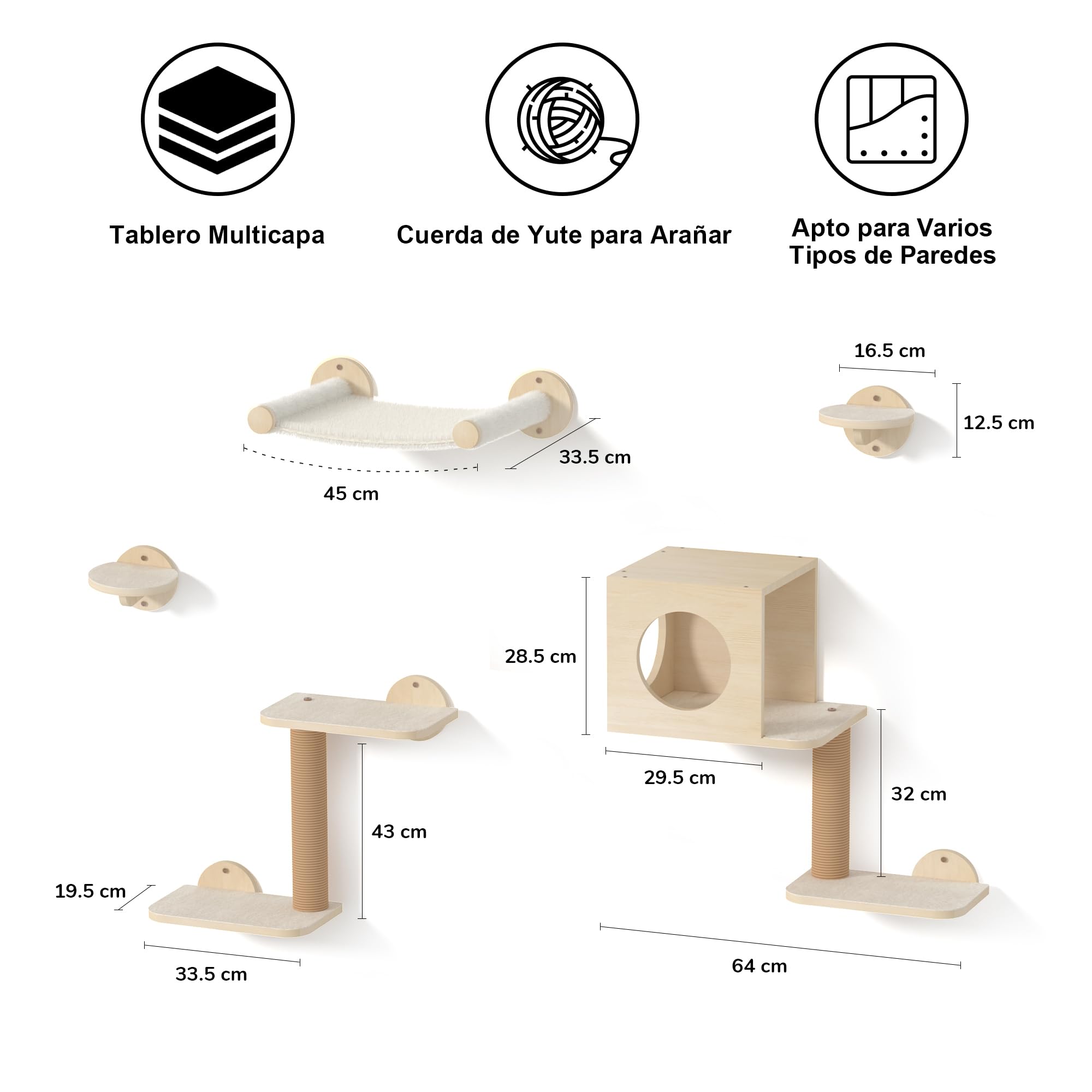 FUKUMARU Estantes de pared para gatos, juego de muebles de pared de madera estable, 5 piezas, escalador de gatitos con hamaca, casa, escalones, poste rascador, beige